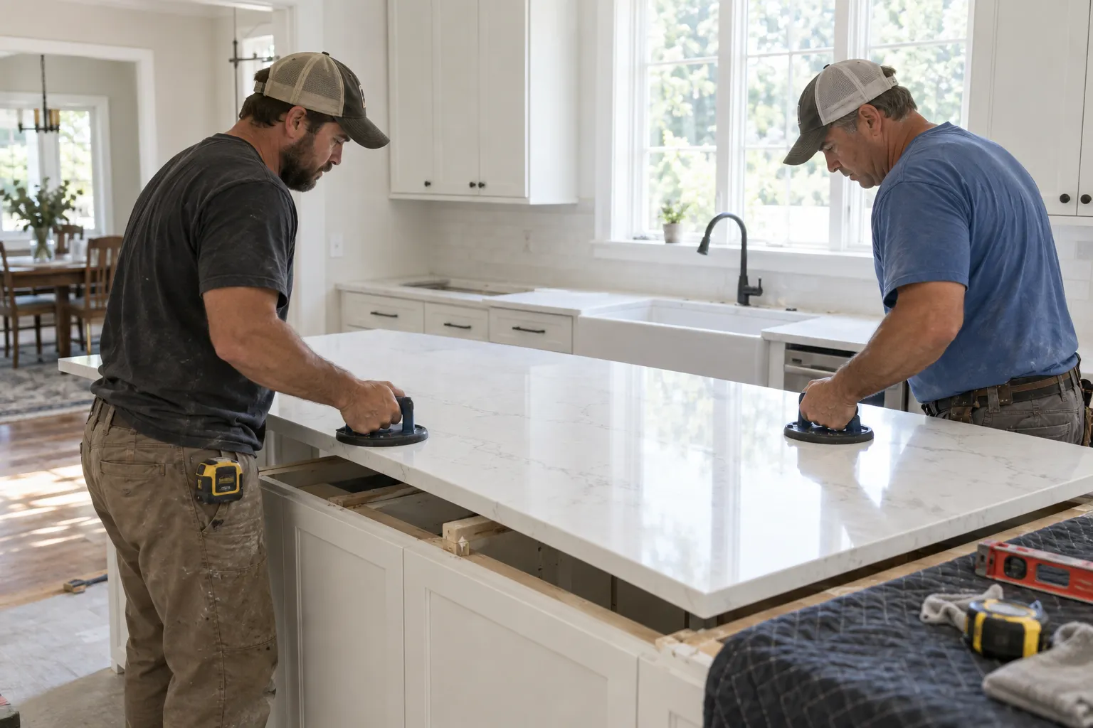 Two installers setting a white quartz countertop on a kitchen island
