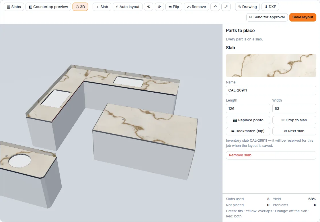 3D view of the countertops with the marble veining on the tops