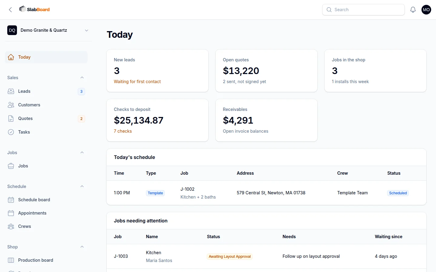 SlabBoard dashboard with new leads, open quotes, checks to deposit and today's schedule