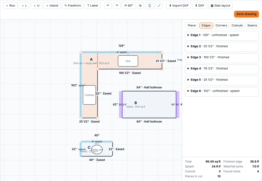 Countertop drawing with dimensions, a sink, a cooktop and edge settings