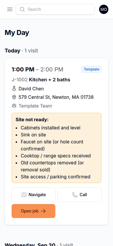 Field app showing today's visit with a site-not-ready warning
