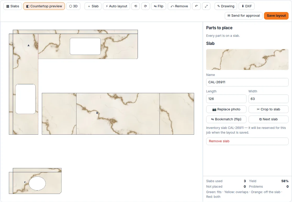 Plan view of the countertops textured with the stone from each slab